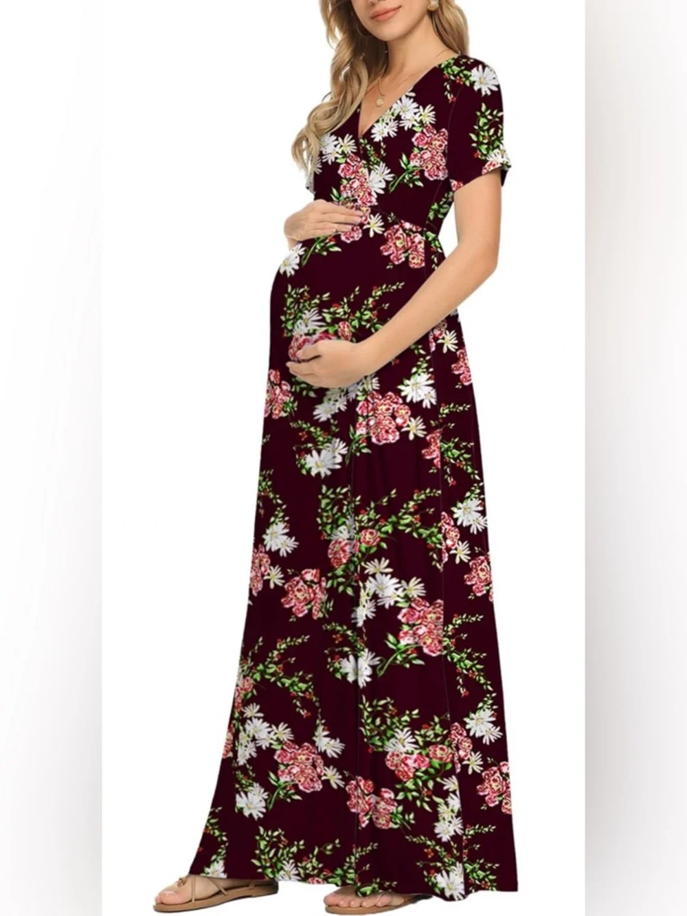Xpenyo Maternity Maxi Dress Women Casual Wrap Long Baby Shower Pregnancy Dresses - Picture 2 of 9